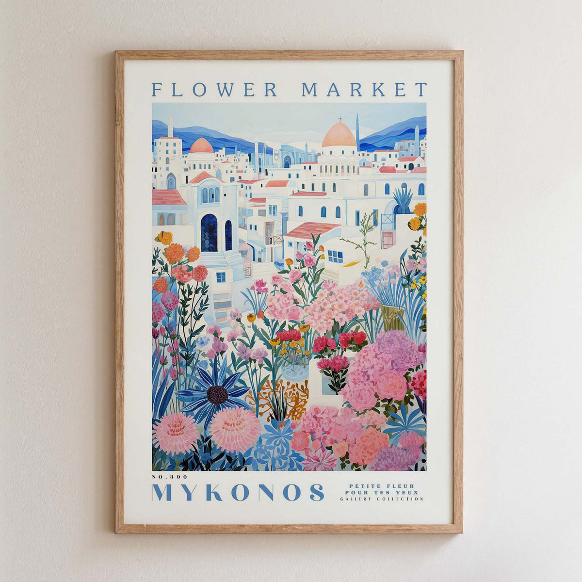 The image is a framed poster depicting a colorful and vibrant flower market in a city, with buildings, flowers, and greenery surrounding the scene.