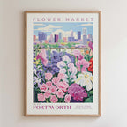 The image is a framed poster depicting a vibrant flower market in Fort Worth, Texas.