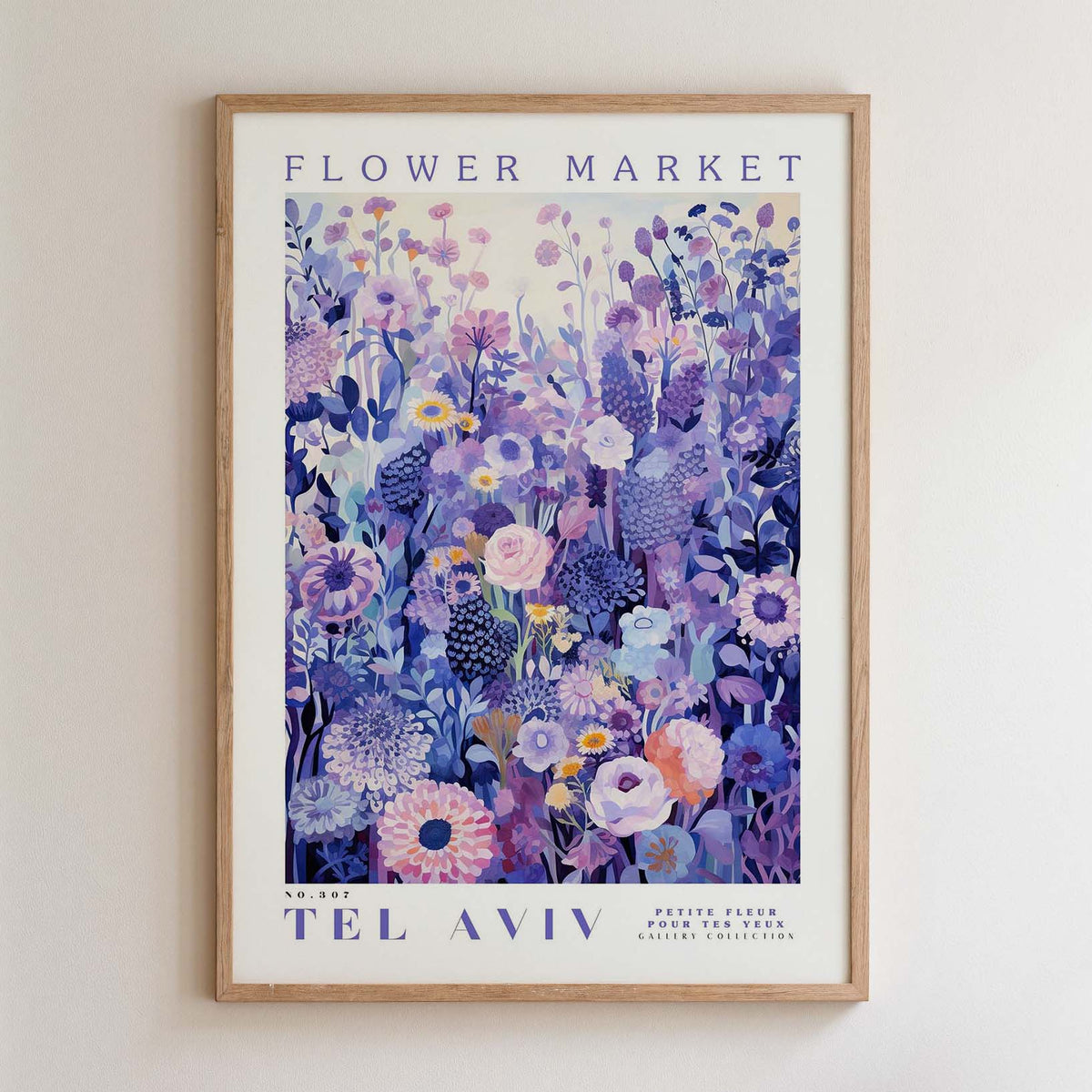 The image is a framed poster of a vibrant floral arrangement, featuring a variety of colorful flowers and plants.