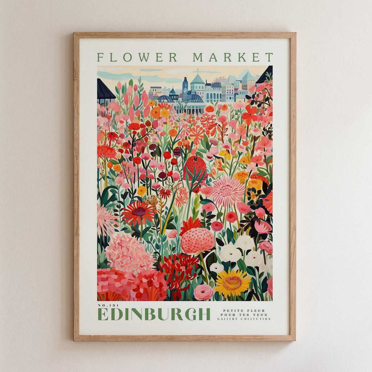 The image is a framed poster depicting a vibrant and colorful flower market in Edinburgh, Scotland.