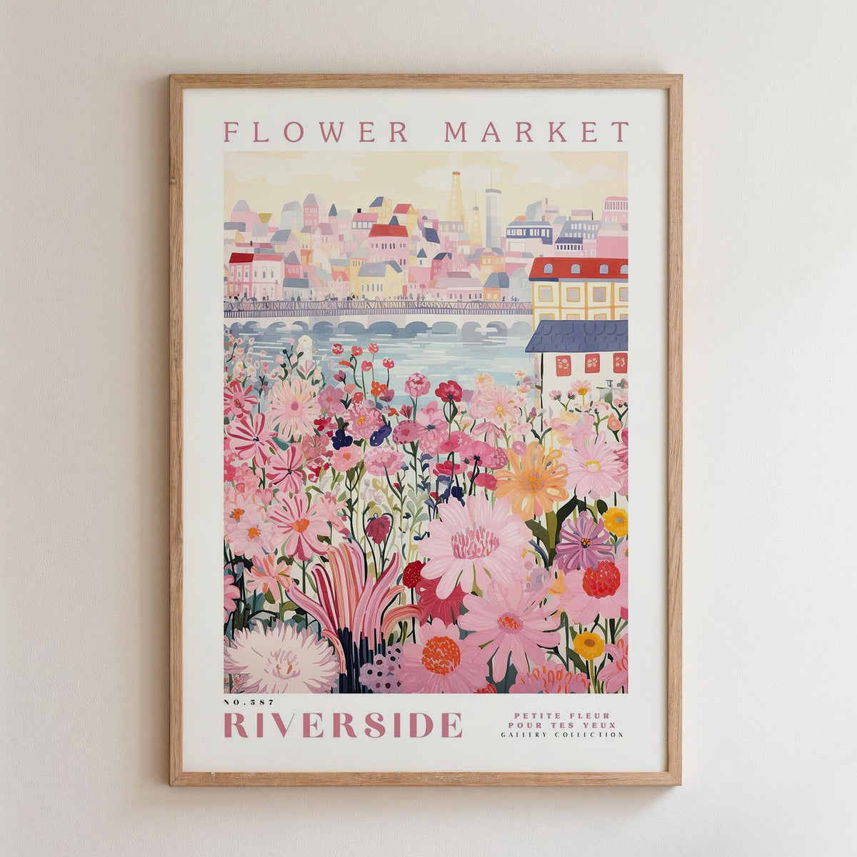 The image is a framed poster depicting a vibrant and colorful flower market scene with a cityscape in the background.