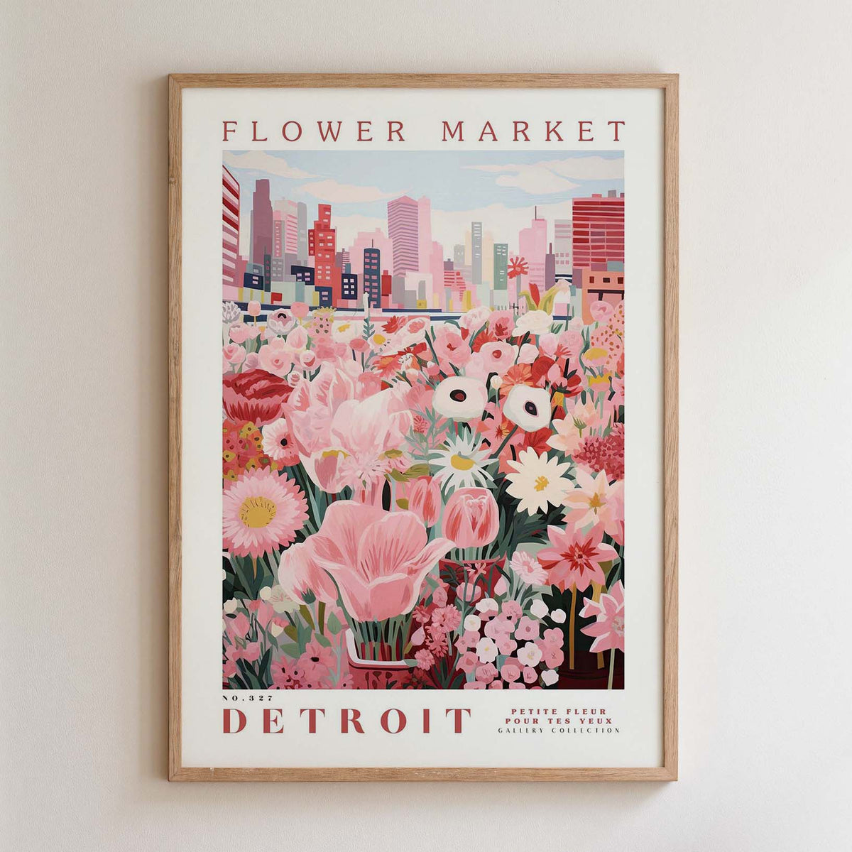 A framed poster depicting a vibrant flower market in Detroit, Michigan.