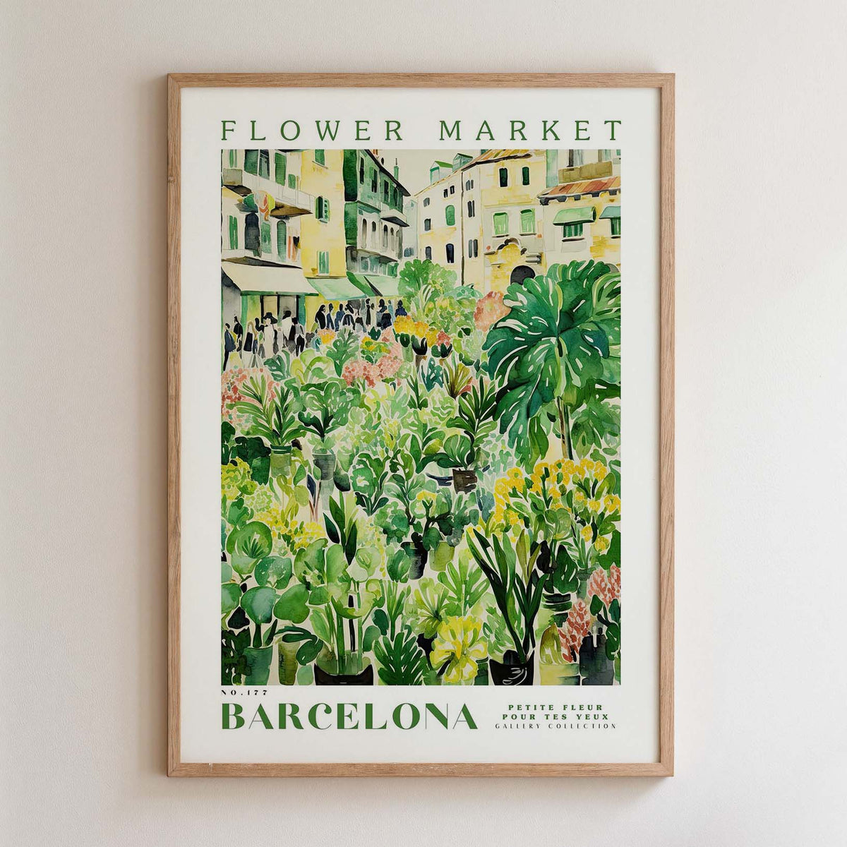 The image is a framed poster depicting a vibrant and lush flower market in Barcelona, Spain.