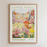 The image is a framed poster depicting a colorful flower market in Nantucket, New Hampshire.