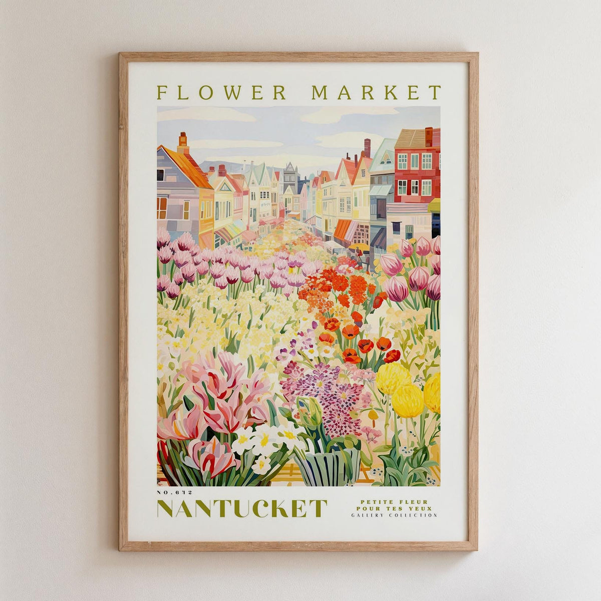 The image is a framed poster depicting a colorful flower market in Nantucket, New Hampshire.