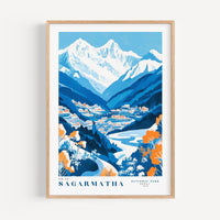 The image is a framed poster depicting a scenic mountain landscape with a village nestled in the valley below. The mountains are covered in snow, and the valley is filled with colorful buildings and trees. The poster is framed with a wooden border and features the text "Sagarmatha National Park, Nepal" at the bottom.
