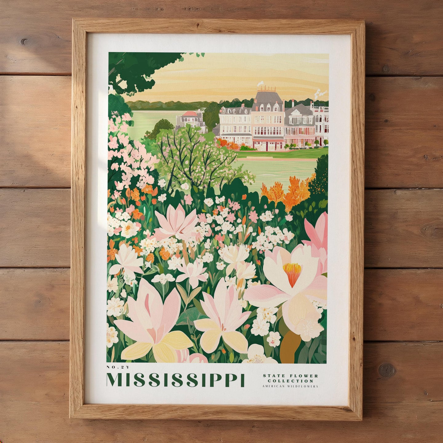 A framed illustration of a scenic landscape with a large building surrounded by a lush garden filled with colorful flowers.