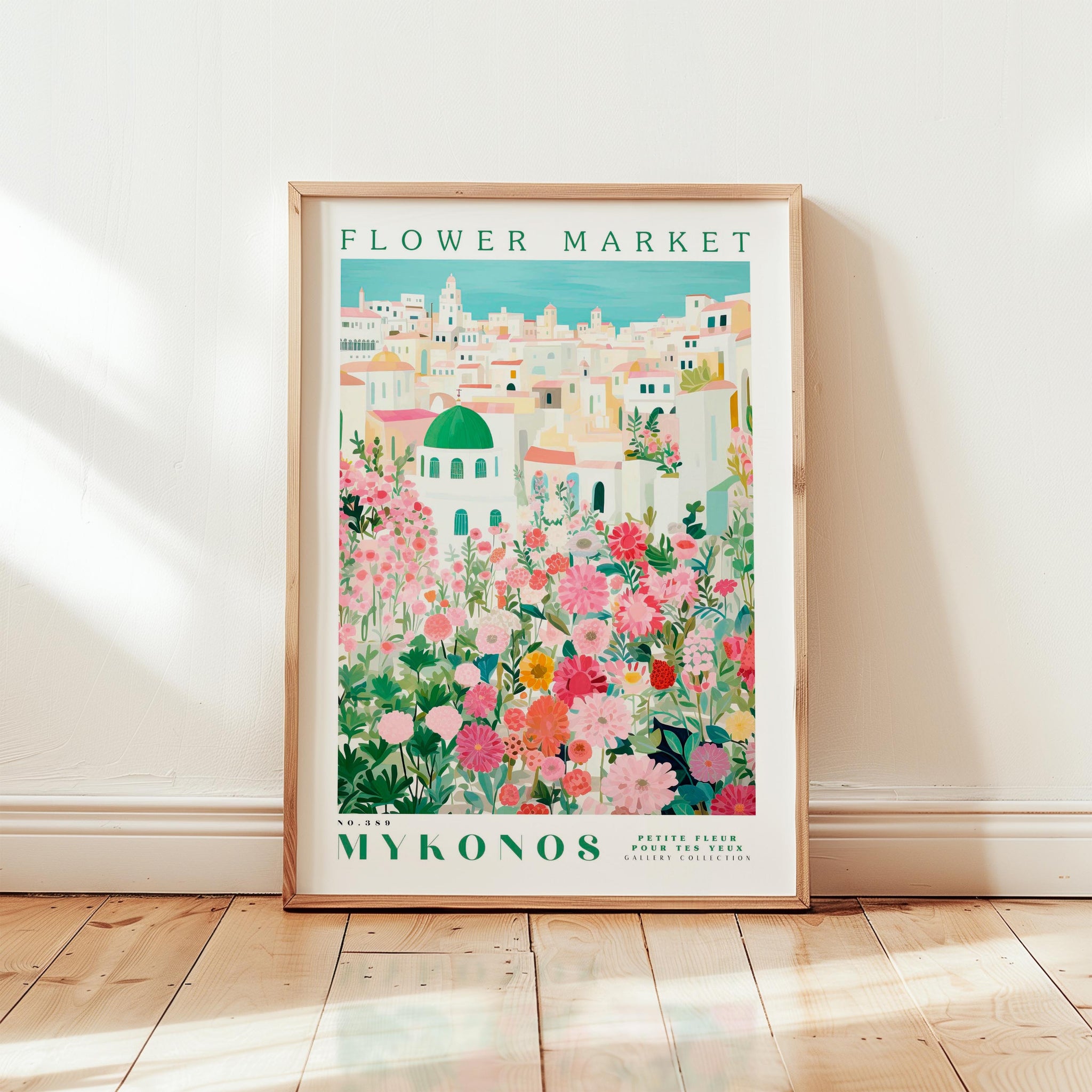 A framed poster depicting a colorful and vibrant flower market in Mykonos, Greece.