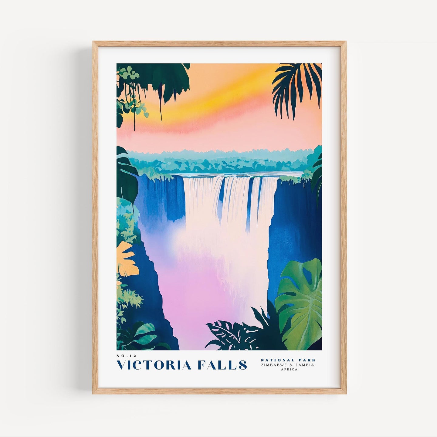 The image is a framed poster depicting the Victoria Falls, a famous waterfall located in Zimbabwe. The poster features a colorful illustration of the waterfall surrounded by lush vegetation and a vibrant sunset sky.