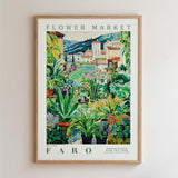 The image is a framed poster depicting a vibrant and lush flower market in Fario, France.