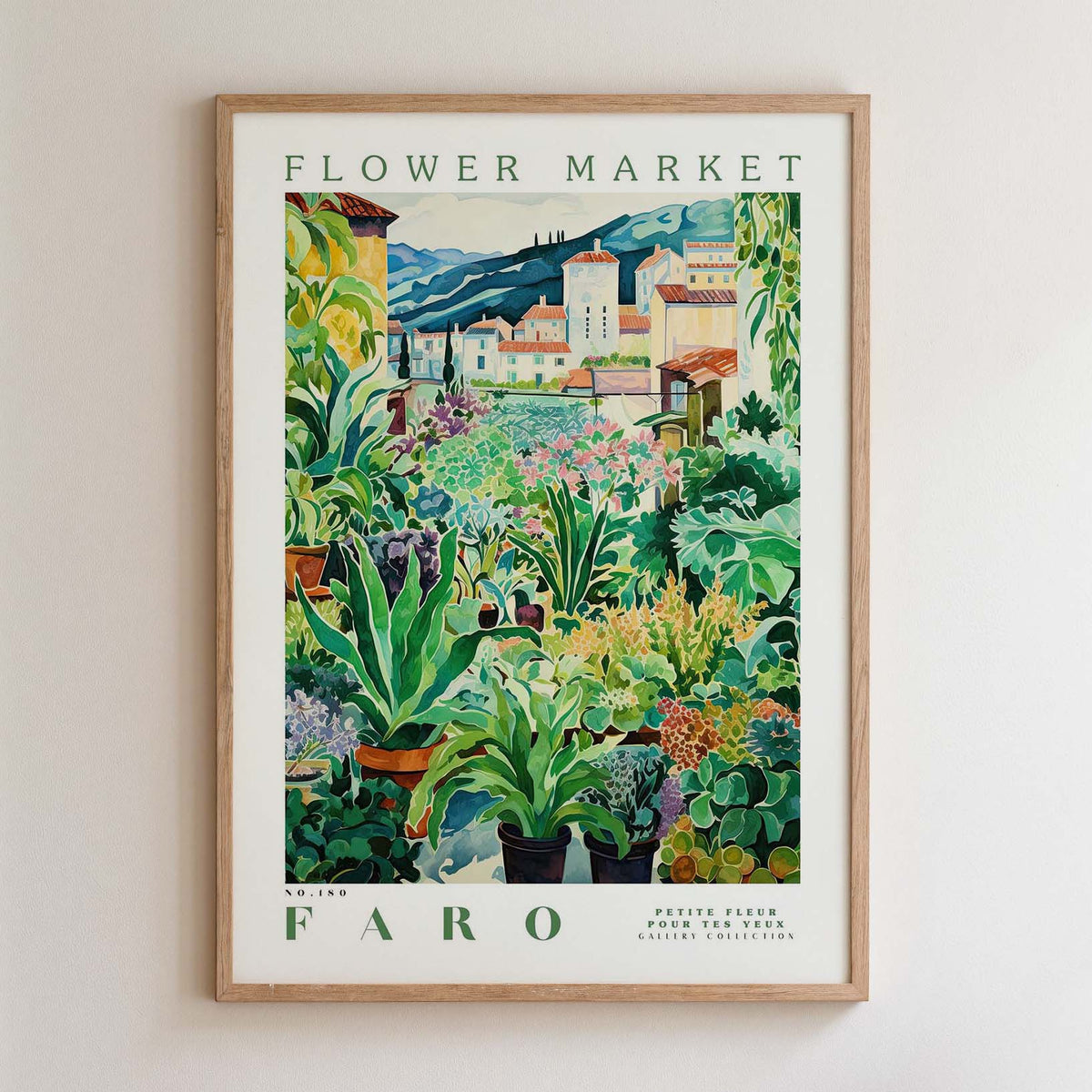 The image is a framed poster depicting a vibrant and lush flower market in Fario, France.