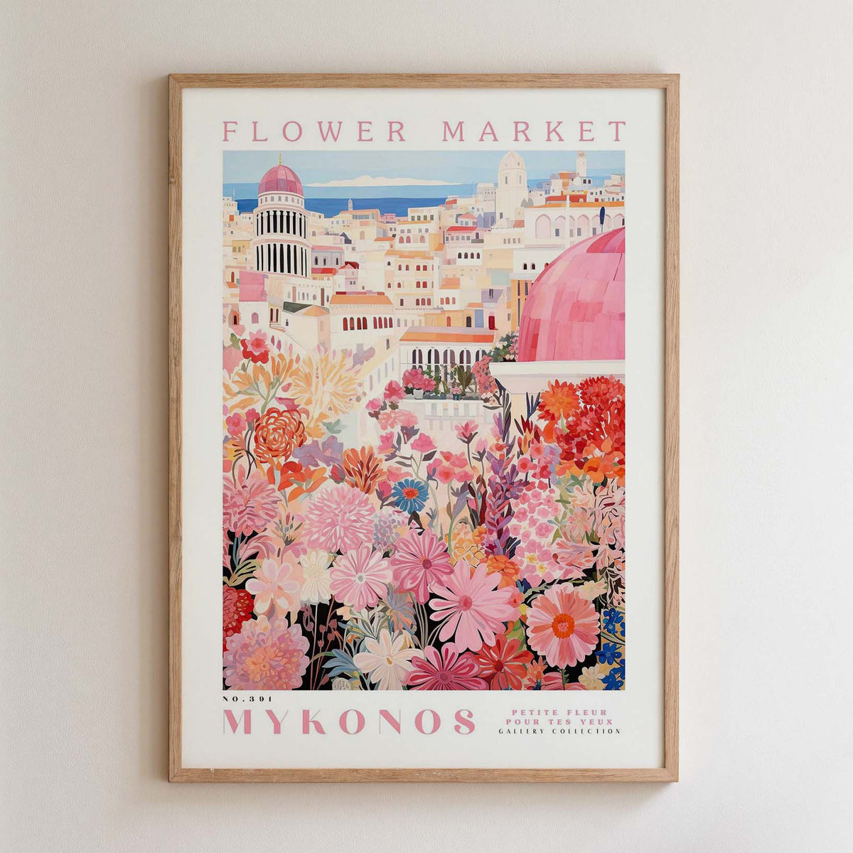The image is a framed poster depicting a vibrant and colorful scene of a flower market in Mykonos, Greece.