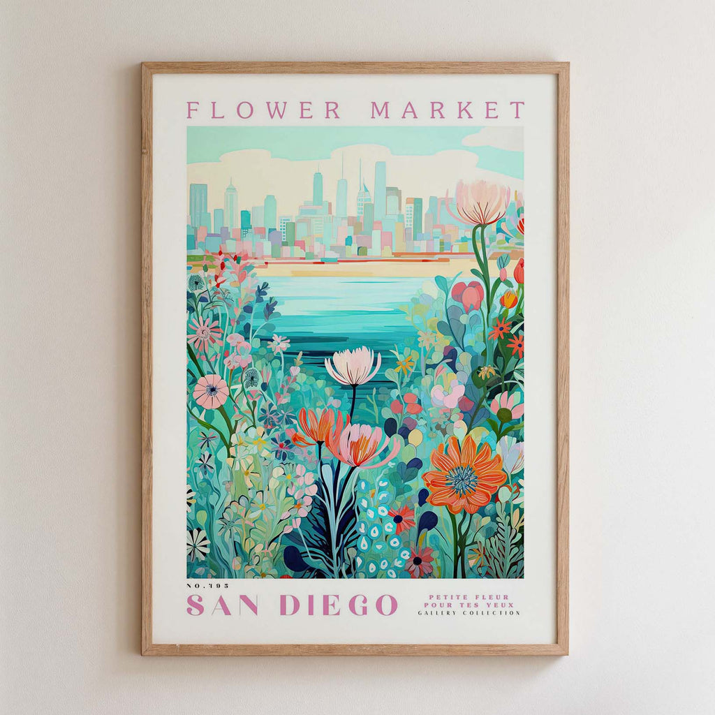 The image is a framed poster depicting a vibrant and colorful scene of a flower market in San Diego, California.