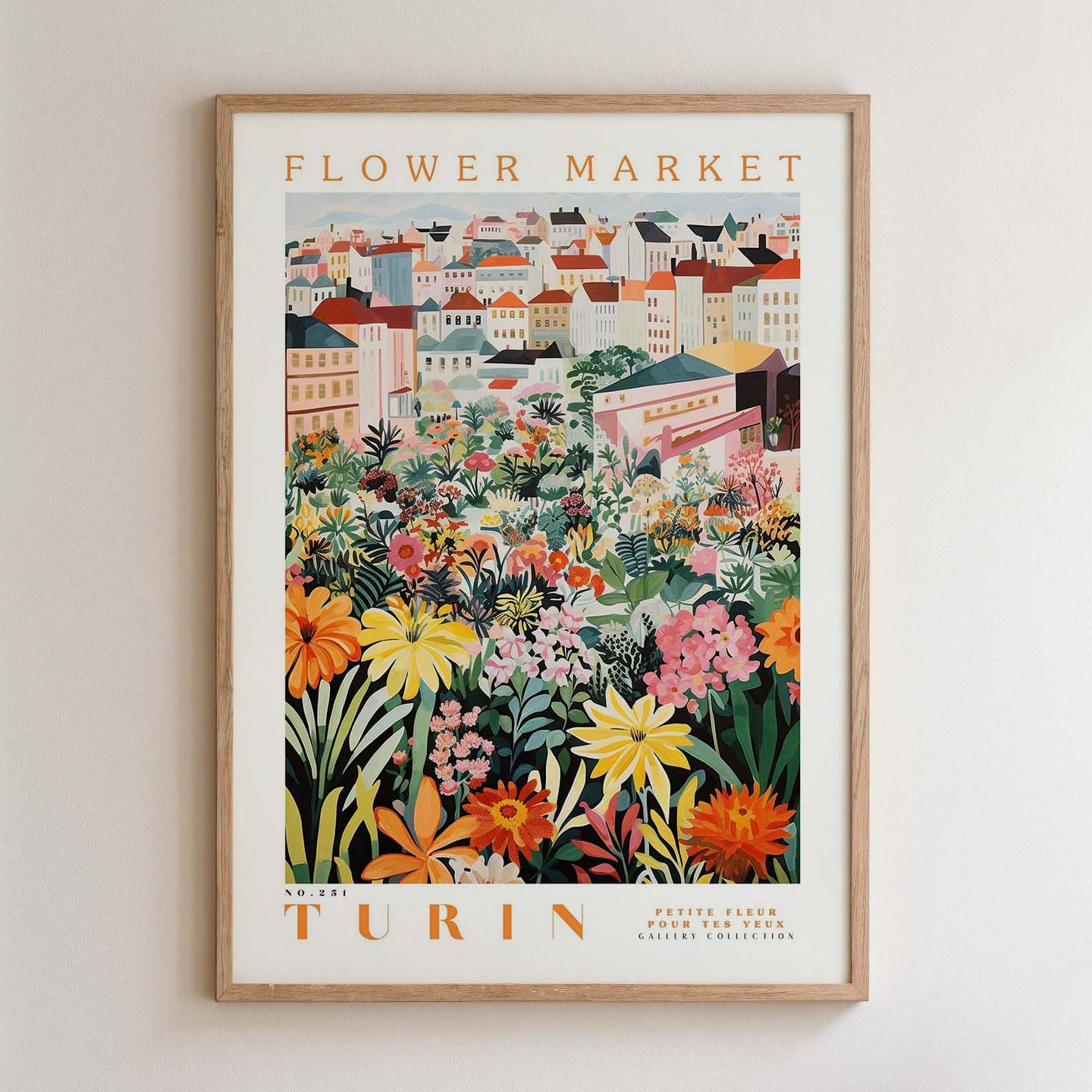 The image is a framed poster depicting a colorful and vibrant flower market in Turin, Italy.