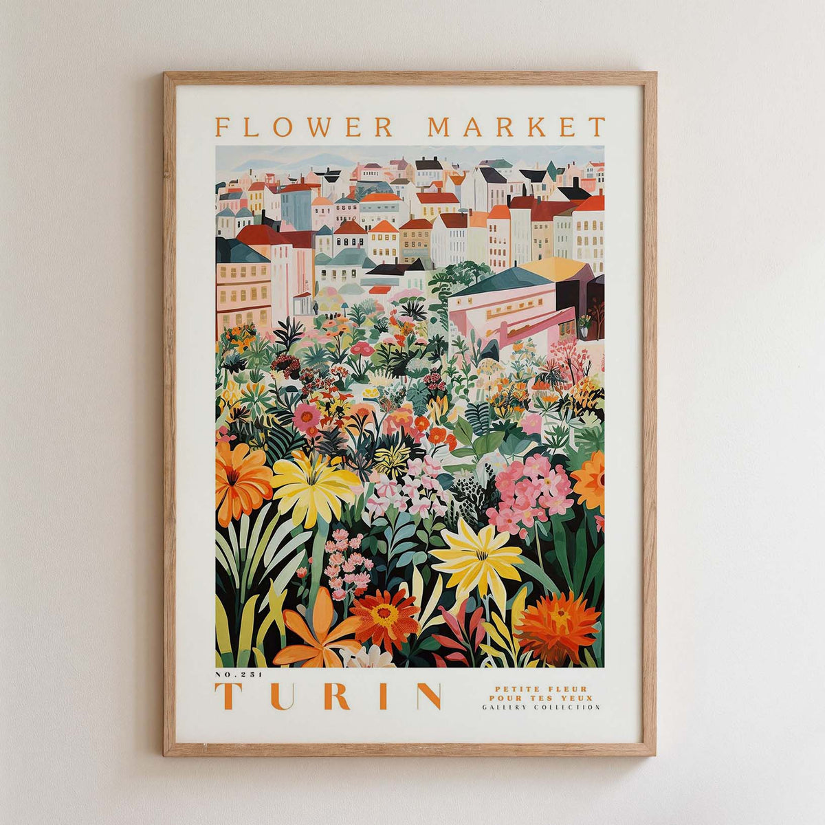 The image is a framed poster depicting a colorful and vibrant flower market in Turin, Italy.