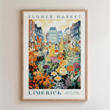 The image is a framed poster depicting a vibrant and colorful flower market in Limerick, Ireland.