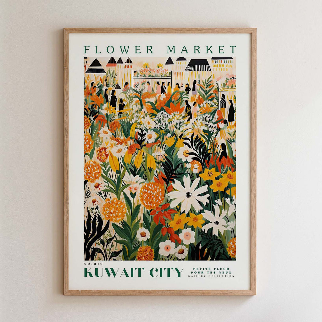 The image is a framed poster depicting a vibrant and colorful flower market in Kuwait City.