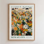 The image is a framed poster depicting a vibrant and colorful flower market in Kuwait City.