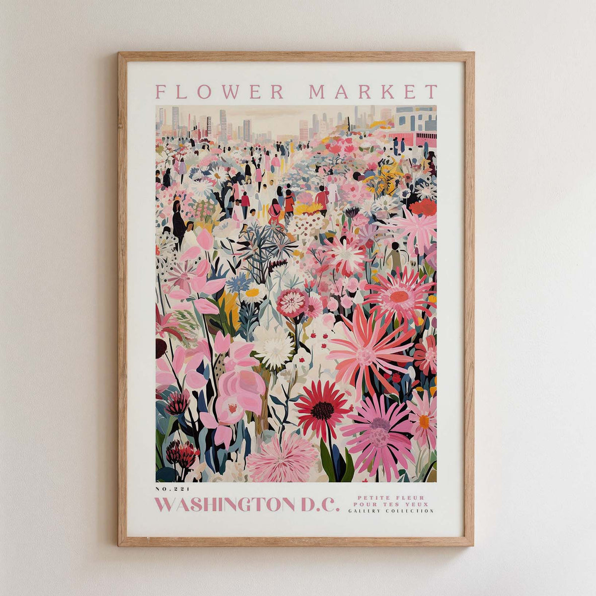 The image is a framed poster depicting a vibrant and colorful flower market in Washington, D.C.