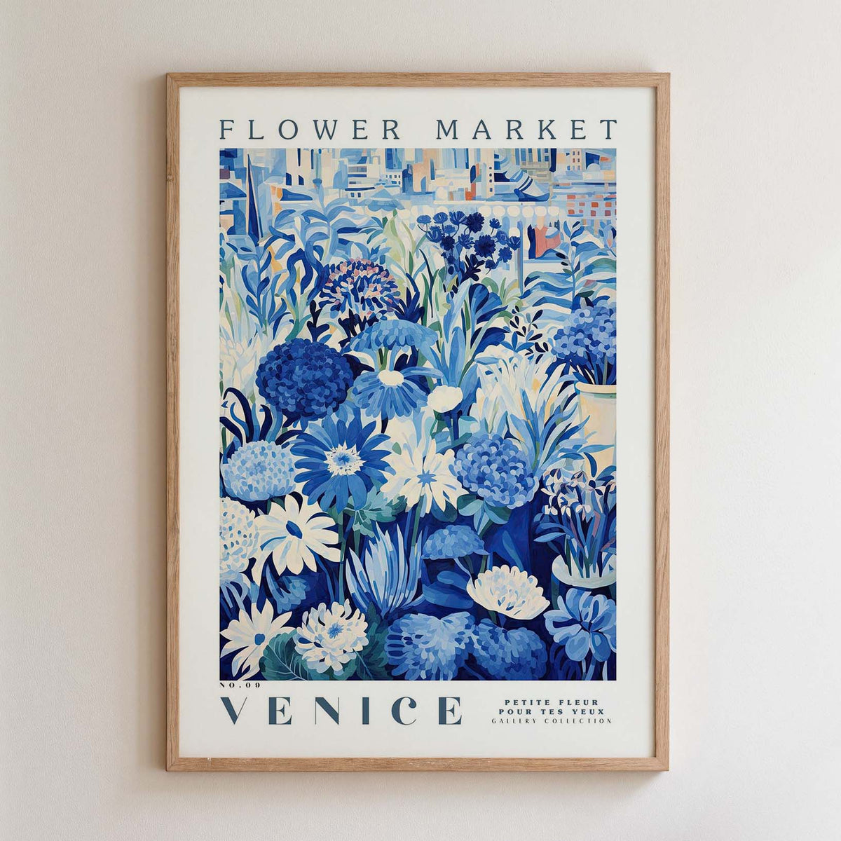 The image is a framed poster of a flower market in Venice, featuring a variety of colorful flowers and plants.