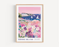A framed illustration depicting a scenic view of Rhode Island, with a colorful landscape featuring a house, flowers, and sailboats on the water.