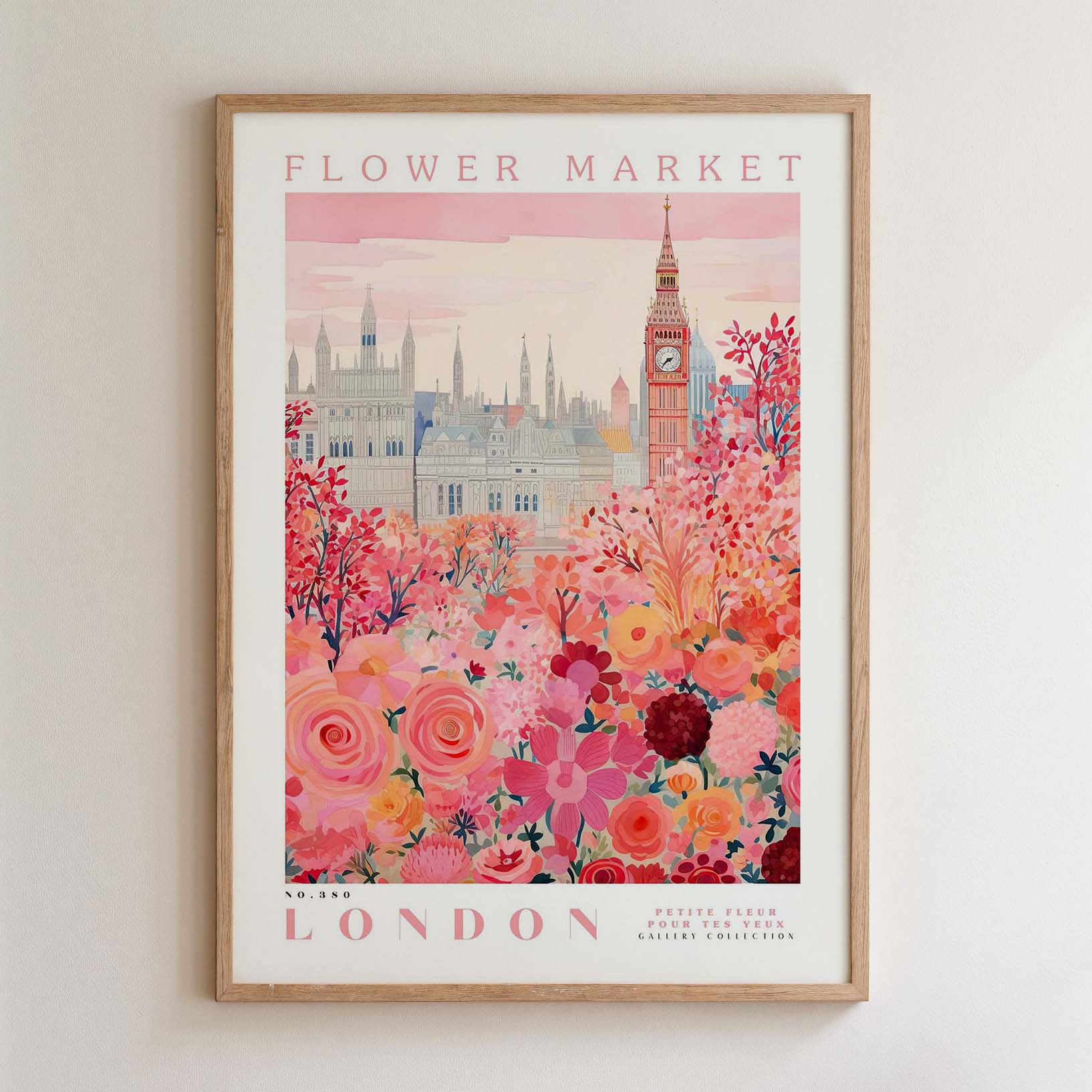 The image is a framed poster depicting a cityscape with a flower market in the foreground.