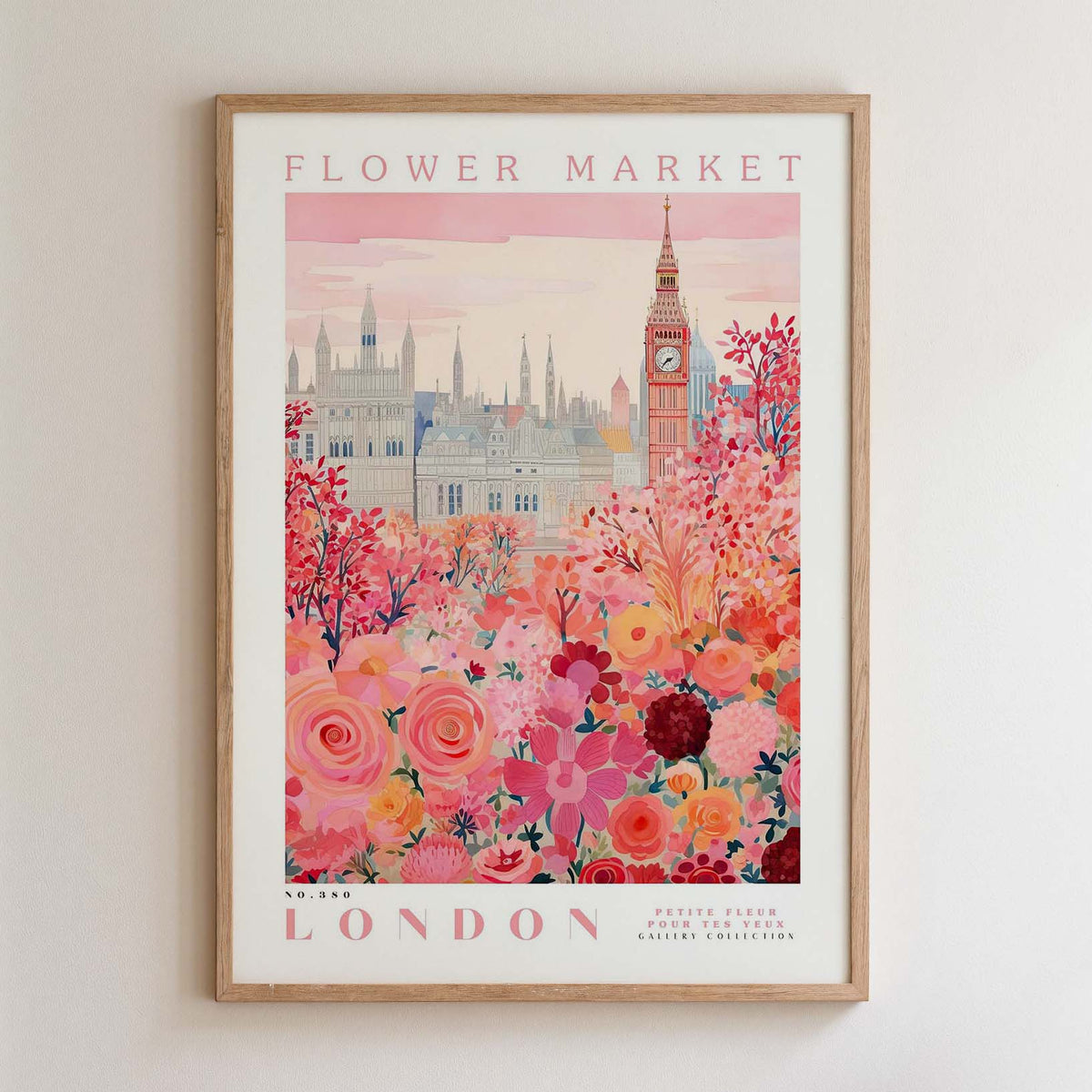 The image is a framed poster depicting a cityscape with a flower market in the foreground.