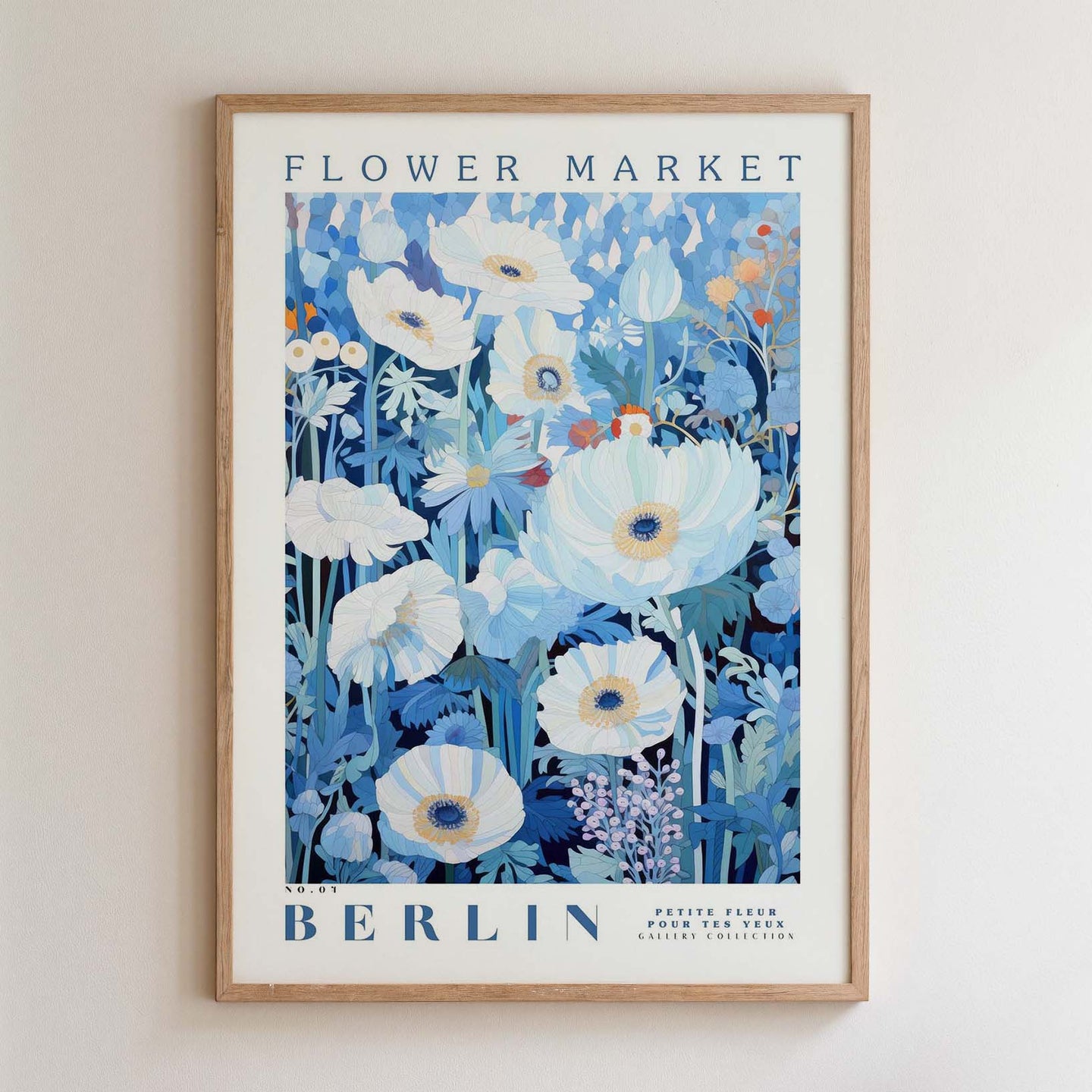 The image is a framed poster depicting a vibrant floral scene with white and blue flowers, including daisies and peonies, against a blue background.