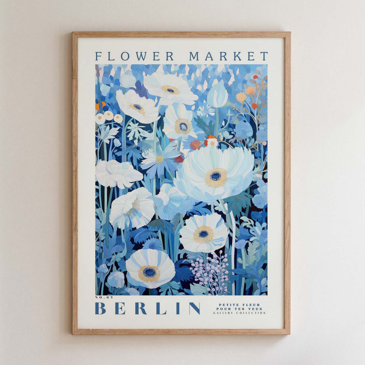 The image is a framed poster depicting a vibrant floral scene with white and blue flowers, including daisies and peonies, against a blue background.
