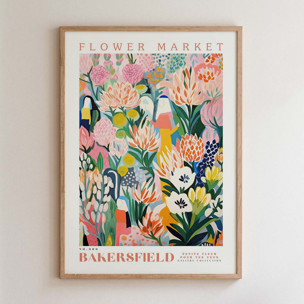 The image is a framed poster advertising a flower market.