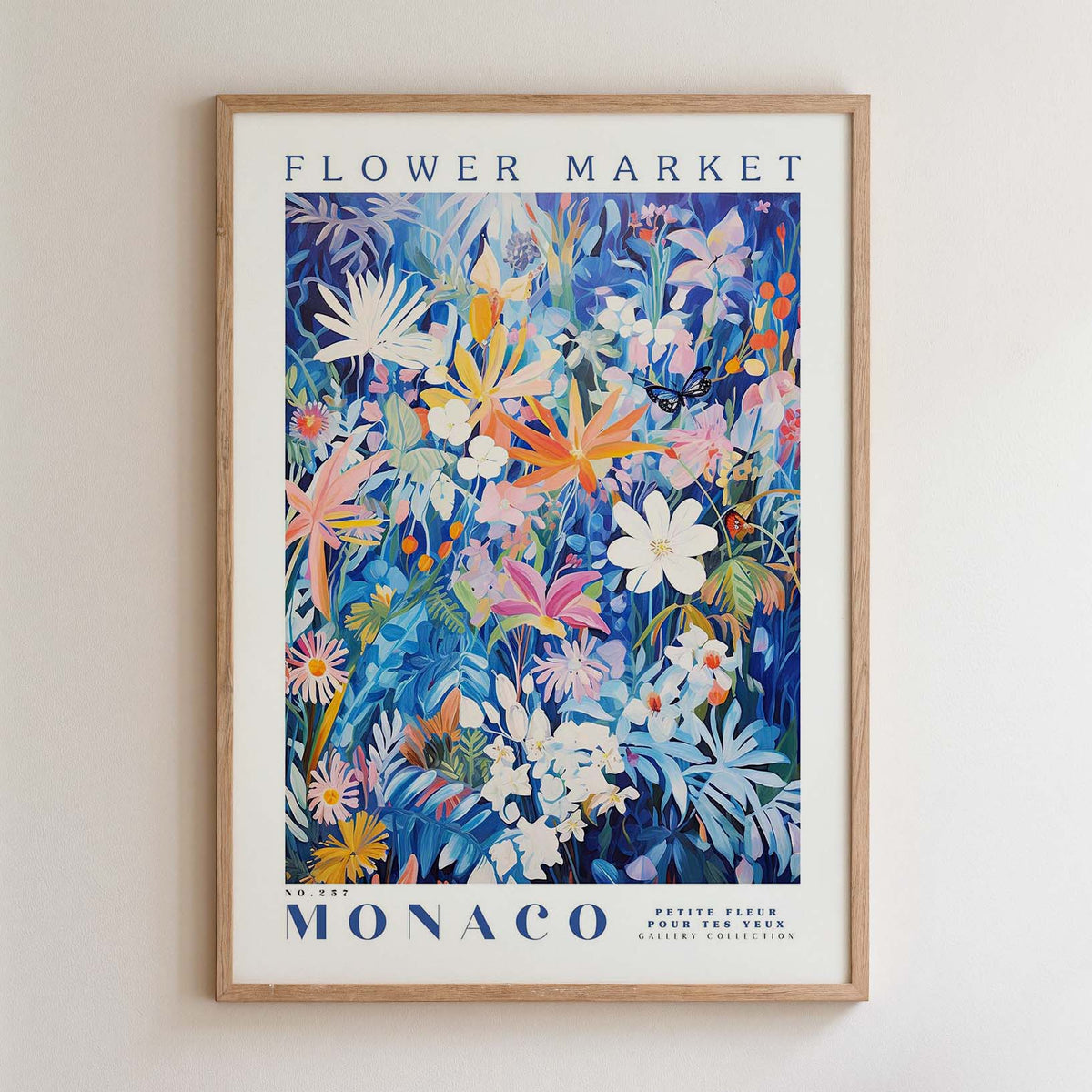 The image is a framed poster of a colorful floral arrangement, depicting various flowers and plants in a vibrant and detailed manner.