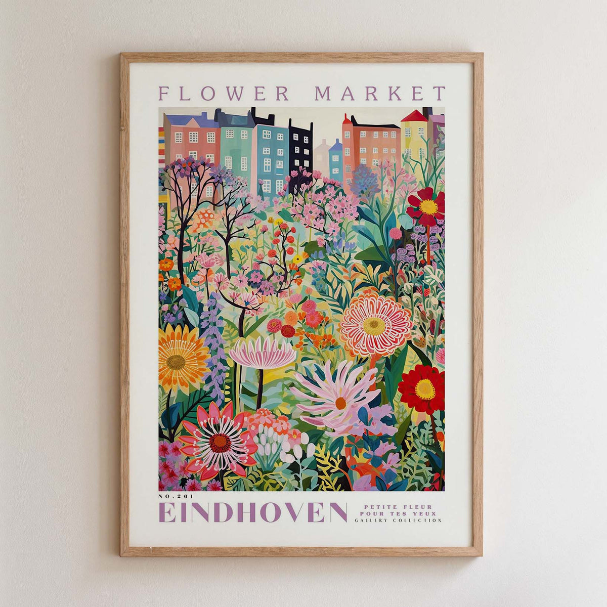The image is a framed poster depicting a vibrant and colorful flower market in Eindhoven, Netherlands.