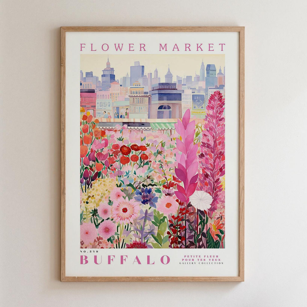 A framed poster depicting a vibrant flower market in Buffalo, New York. The poster features a colorful illustration of various flowers and plants, with a cityscape in the background.