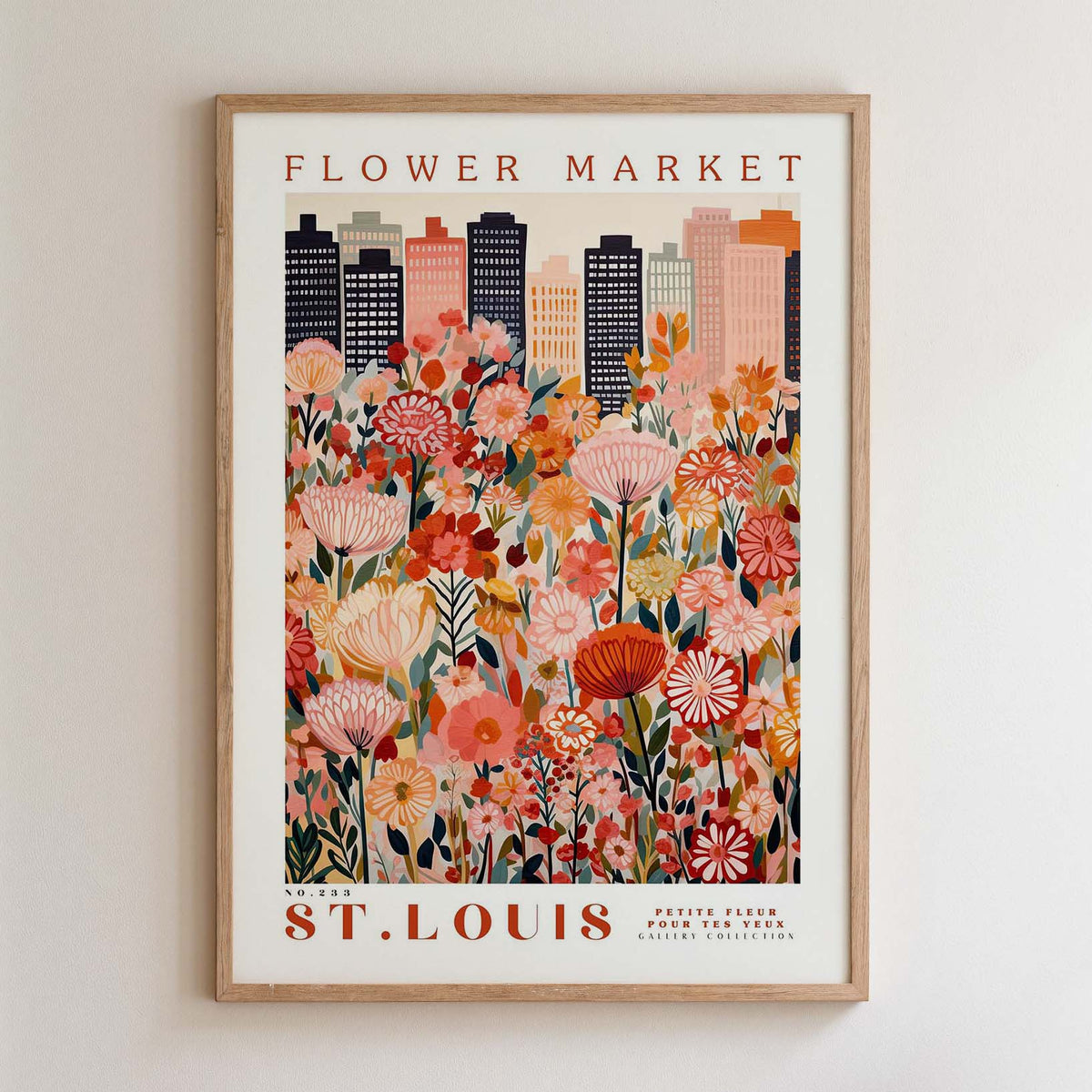 The image is a framed poster depicting a cityscape with a large field of colorful flowers in the foreground.