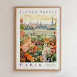 The image is a framed poster depicting a flower market in Paris, France.