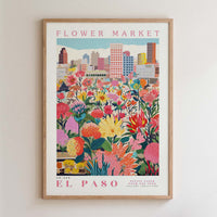 The image is a framed poster depicting a vibrant and colorful flower market in El Paso, Texas.