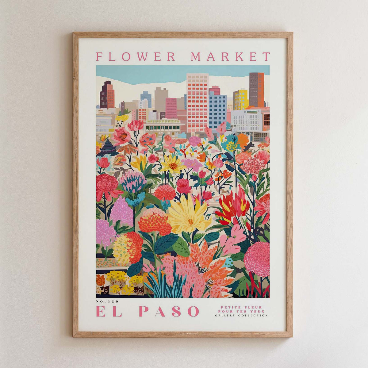 The image is a framed poster depicting a vibrant and colorful flower market in El Paso, Texas.