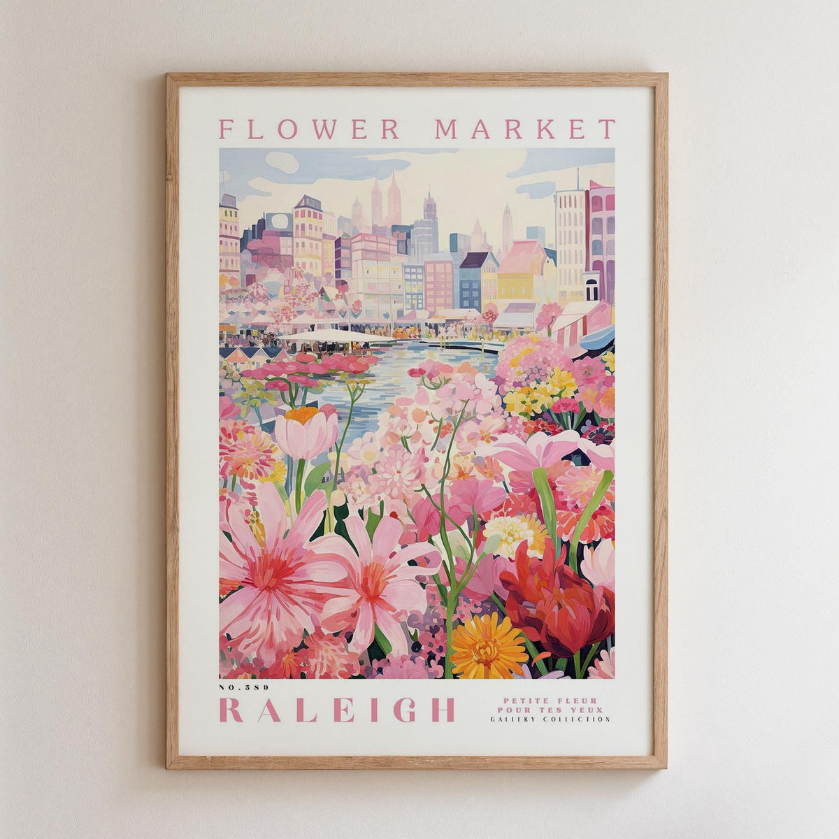 A framed poster depicting a vibrant and colorful flower market in Raleigh, North Carolina.