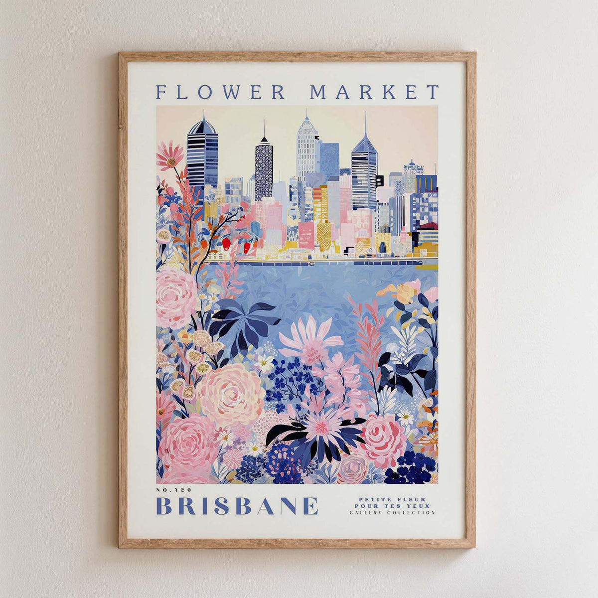 The image is a framed poster depicting a cityscape with a flower market in the foreground.