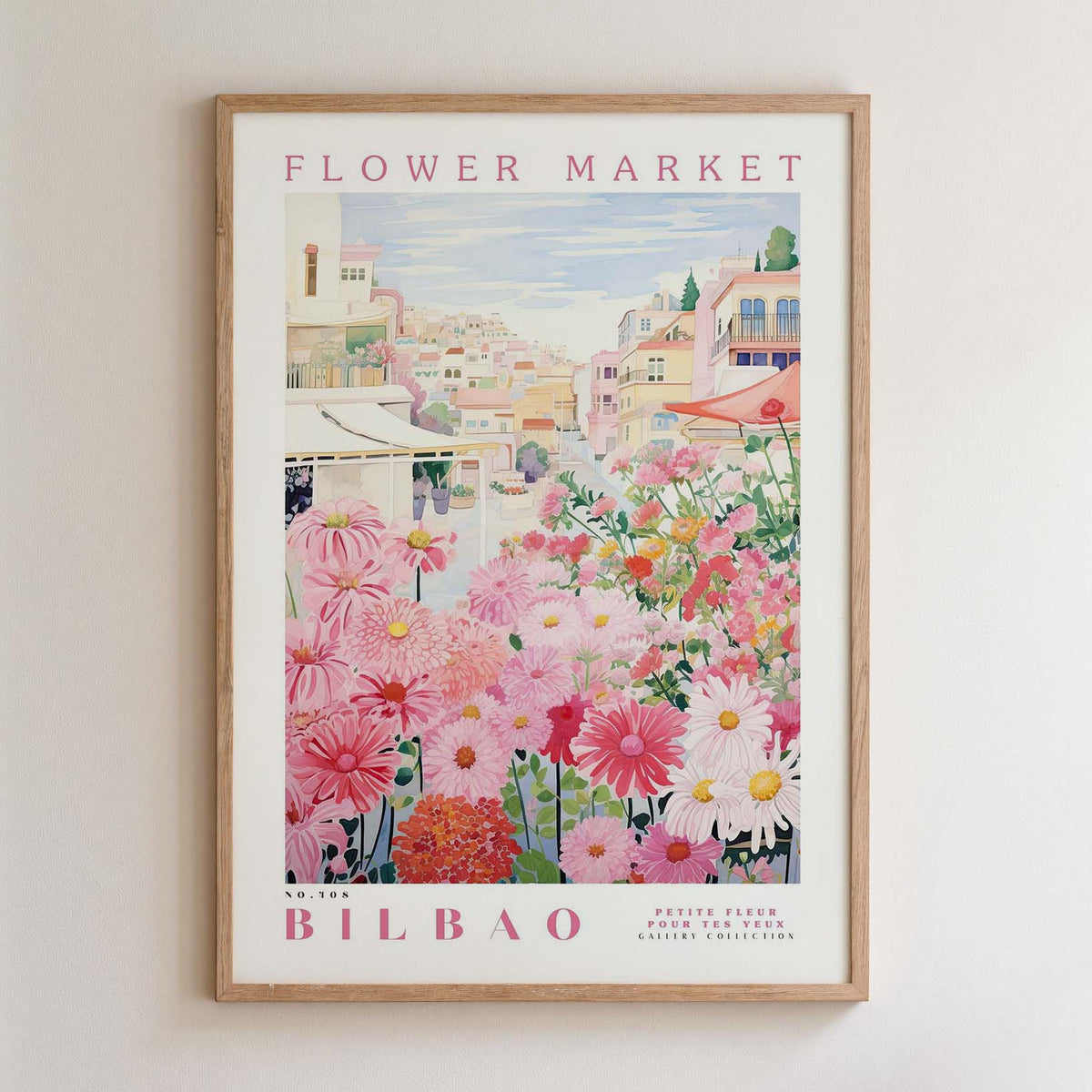 The image is a framed poster depicting a flower market in Bilbao, Spain.