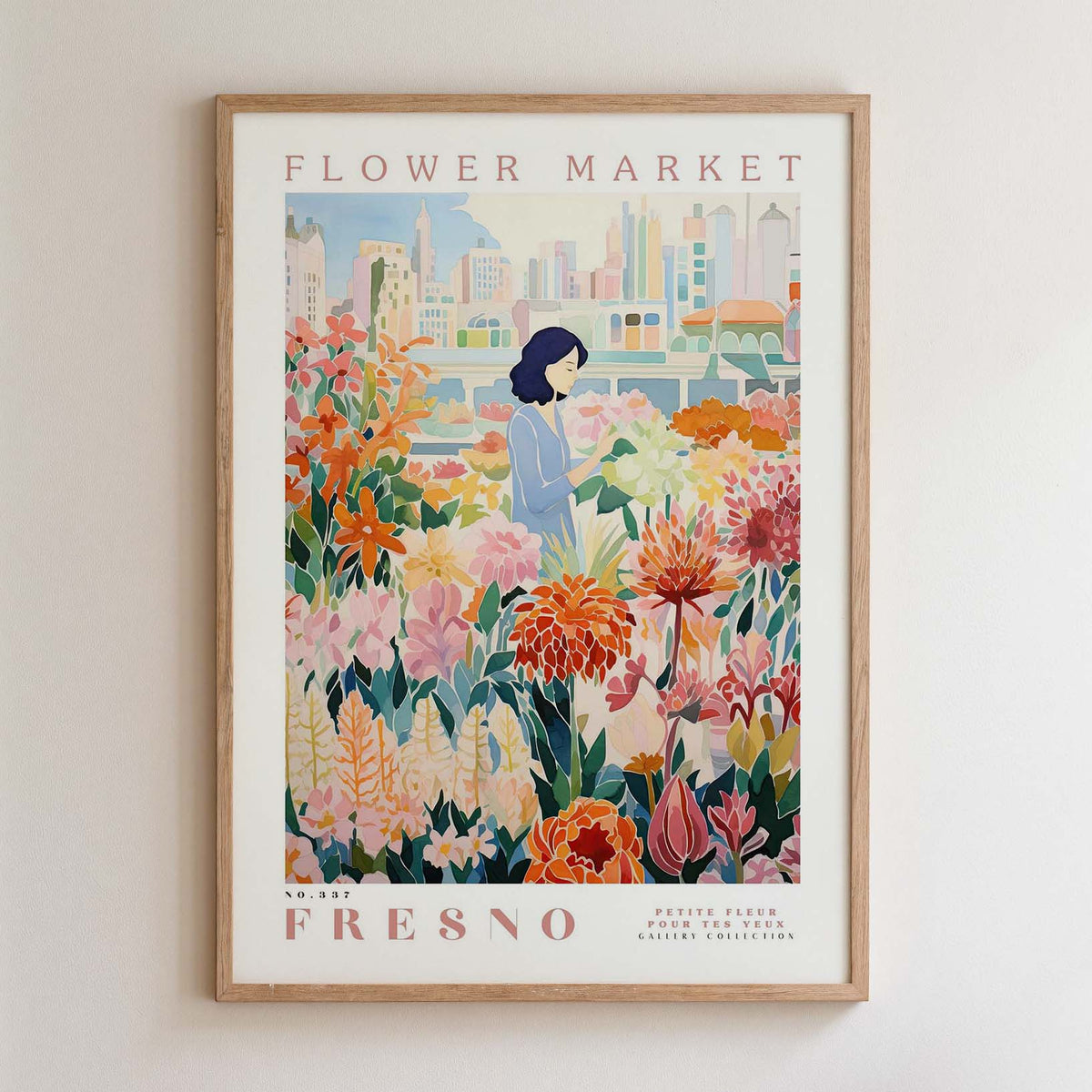 The image is a framed poster depicting a woman standing amidst a colorful garden filled with various flowers.