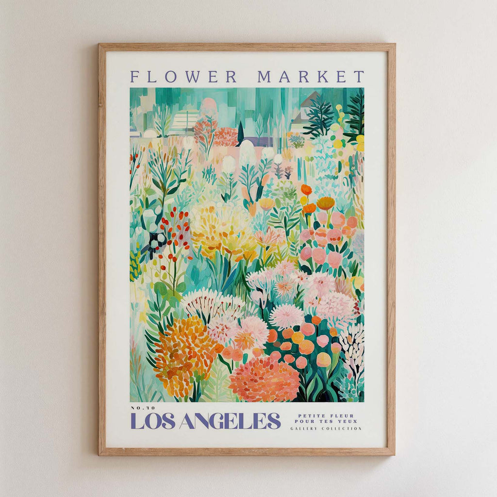 The image is a framed poster depicting a vibrant and colorful garden scene with various flowers and plants.