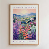 The image is a framed poster depicting a vibrant and colorful flower market in Napa, California.