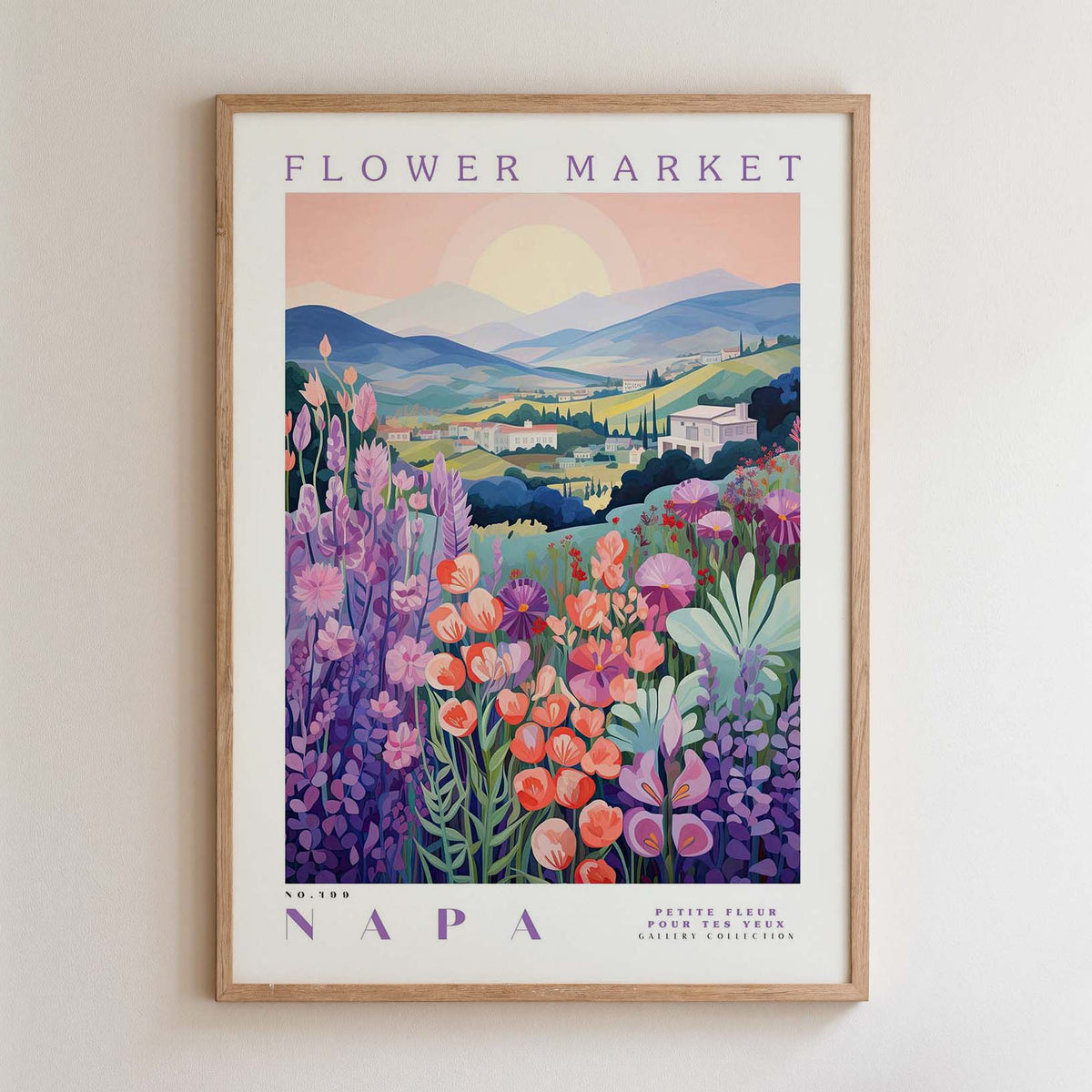 The image is a framed poster depicting a vibrant and colorful flower market in Napa, California.