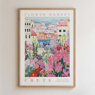 The image is a framed poster depicting a vibrant and colorful flower market in Crete, Greece.