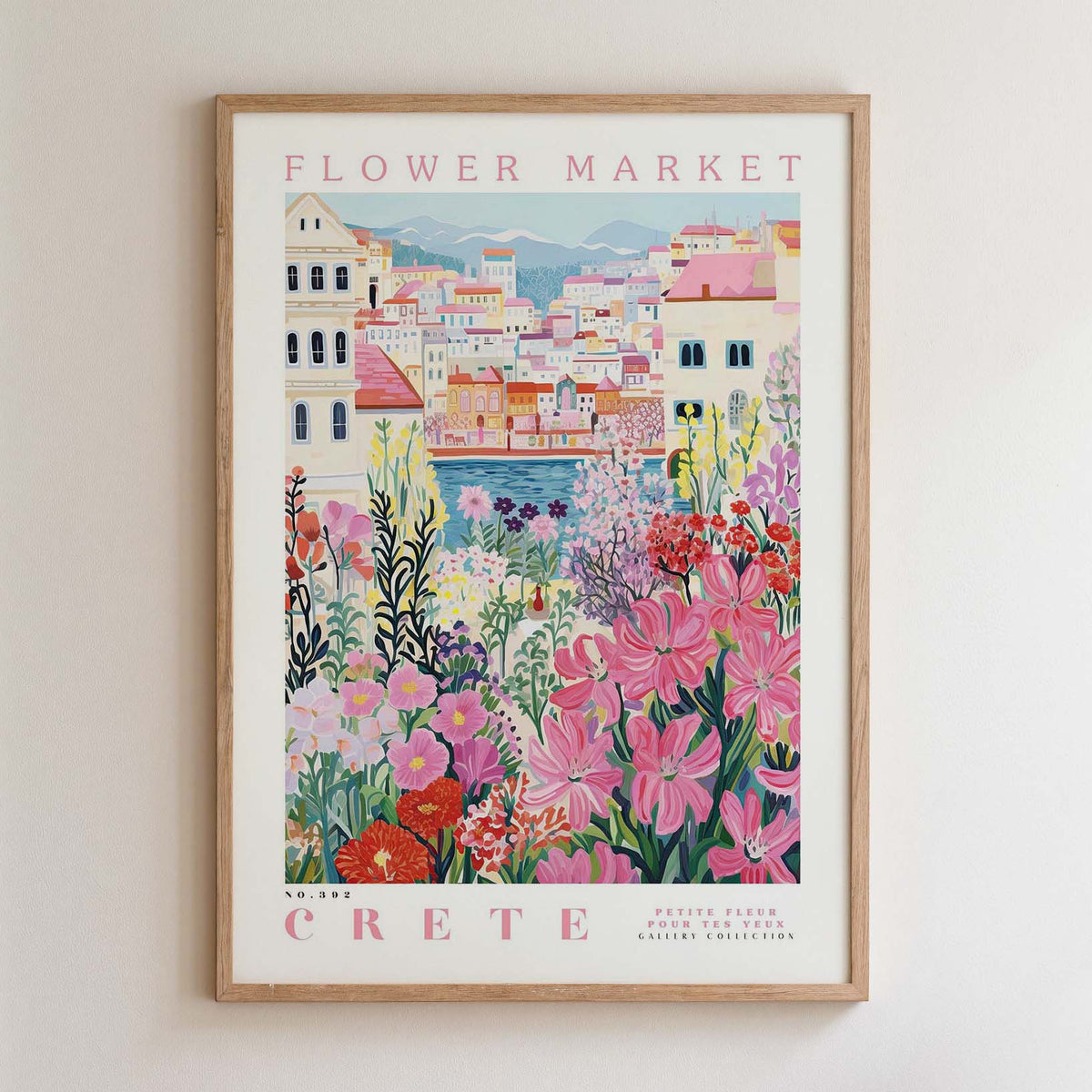 The image is a framed poster depicting a vibrant and colorful flower market in Crete, Greece.