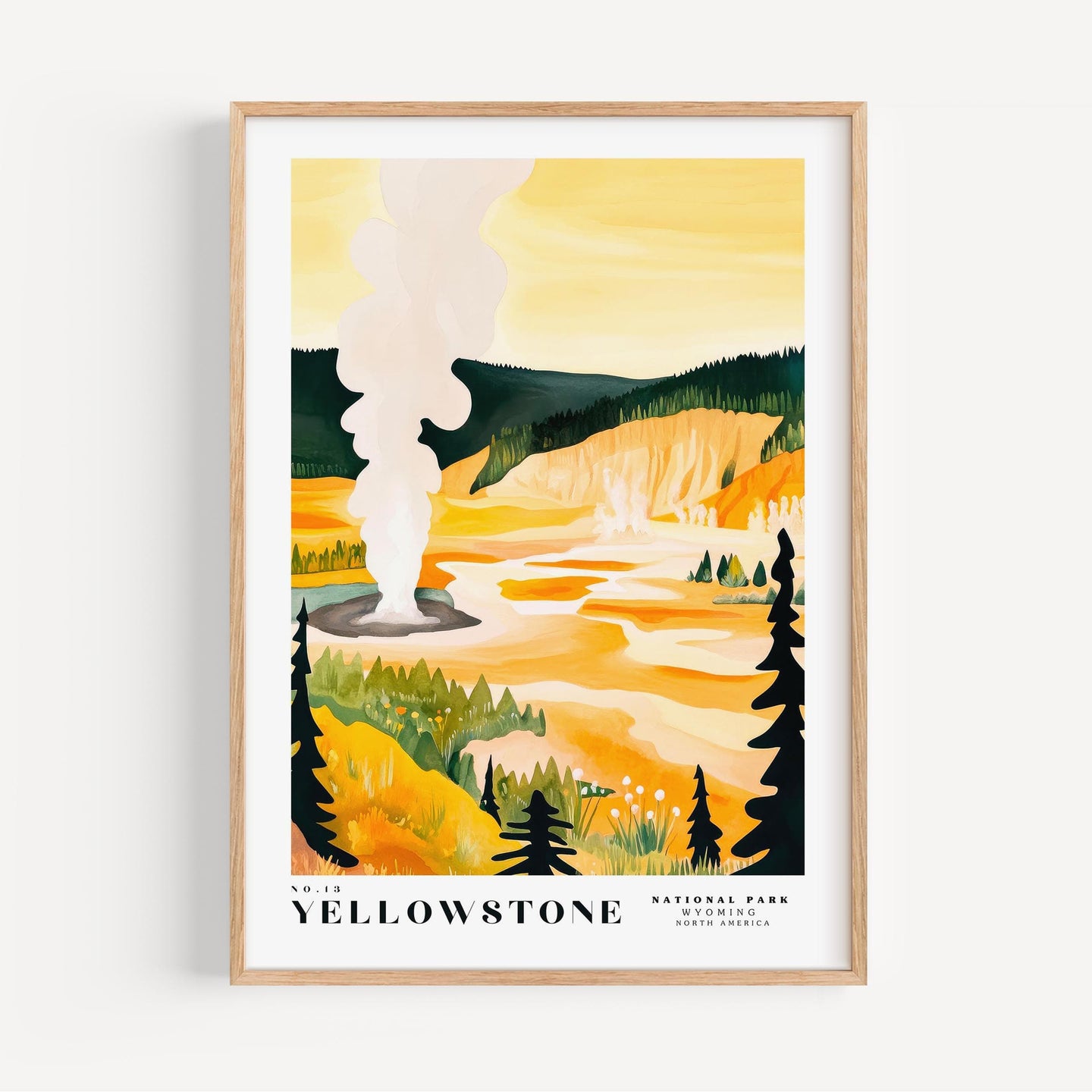 The image is a framed print depicting a scenic landscape with a large geyser or hot spring in the foreground, surrounded by trees and mountains in the background.