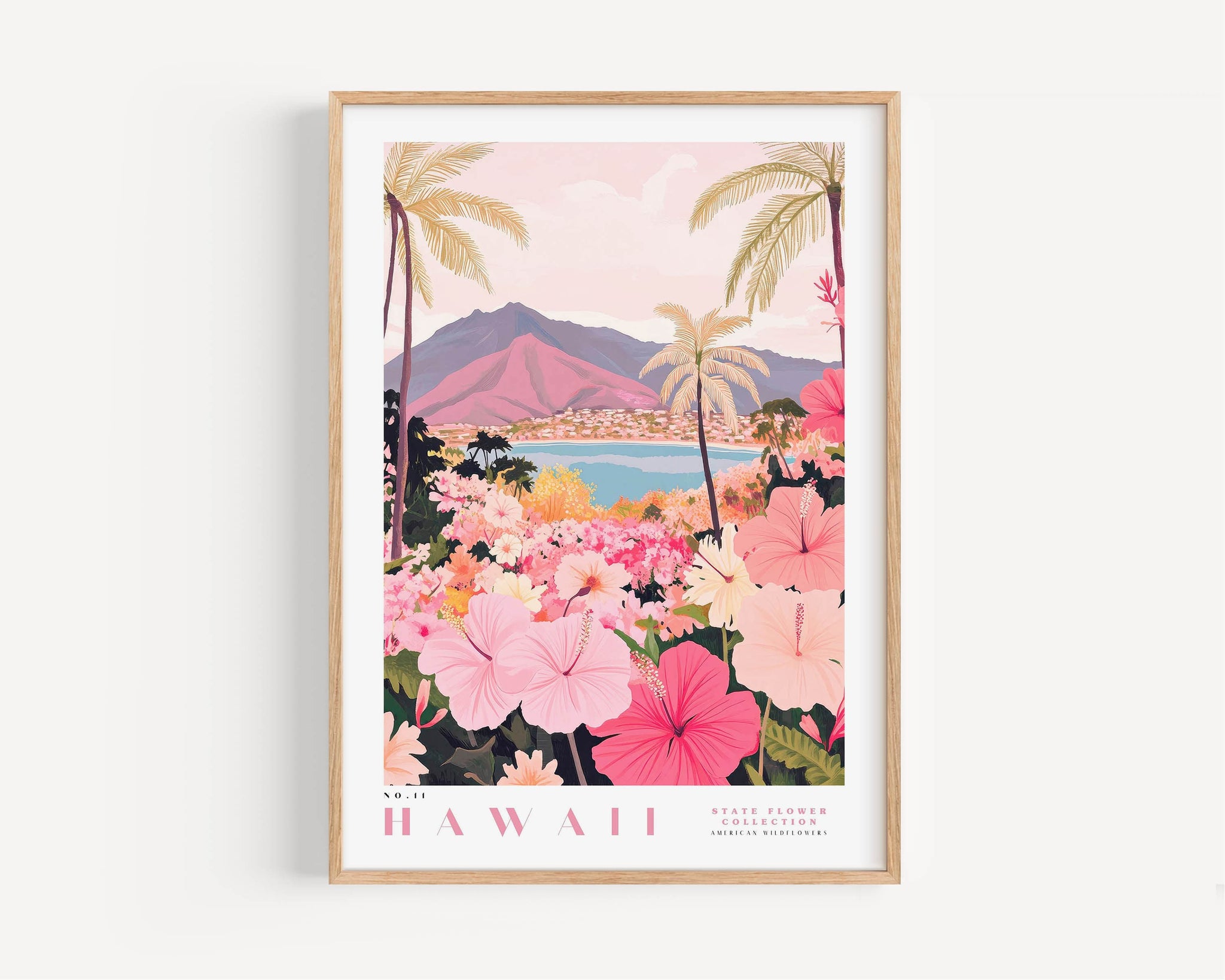 A framed poster depicting a tropical landscape with palm trees, flowers, and mountains in the background, all rendered in a vibrant, pastel color palette.