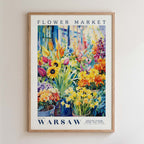 A framed poster depicting a vibrant and colorful flower market in Warsaw, Poland.