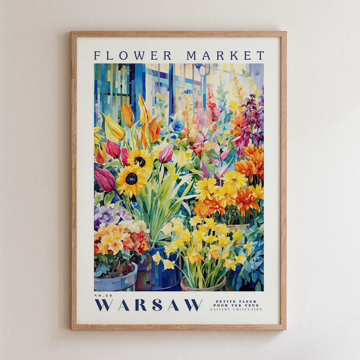 A framed poster depicting a vibrant and colorful flower market in Warsaw, Poland.